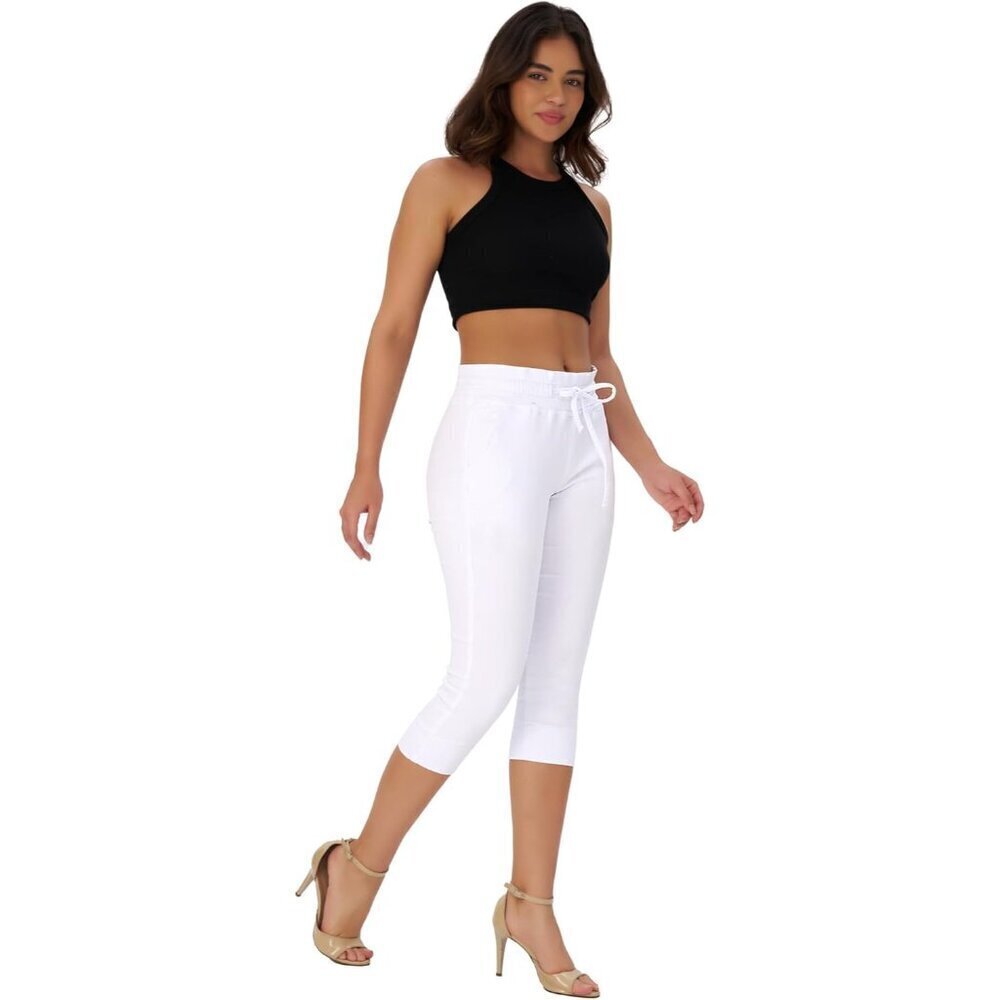 Women's Stretchy High Waisted Capri Jeans with Drawstring Size Large - Picture 2 of 8